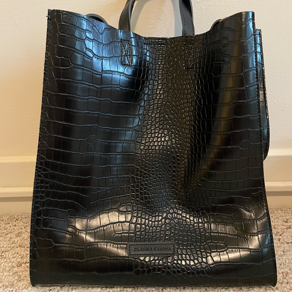 Black Croc-Embossed Tote Bag